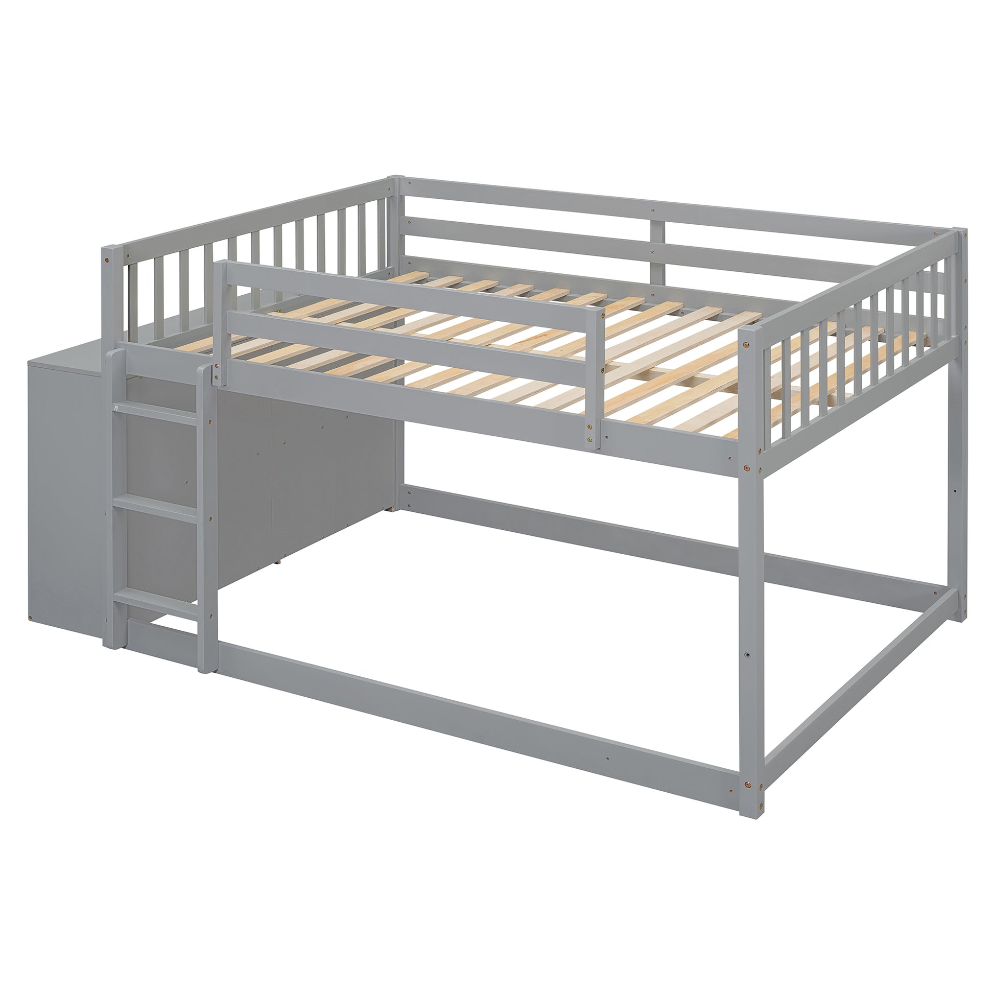 Gray wooden loft bed with integrated storage drawers and ladder