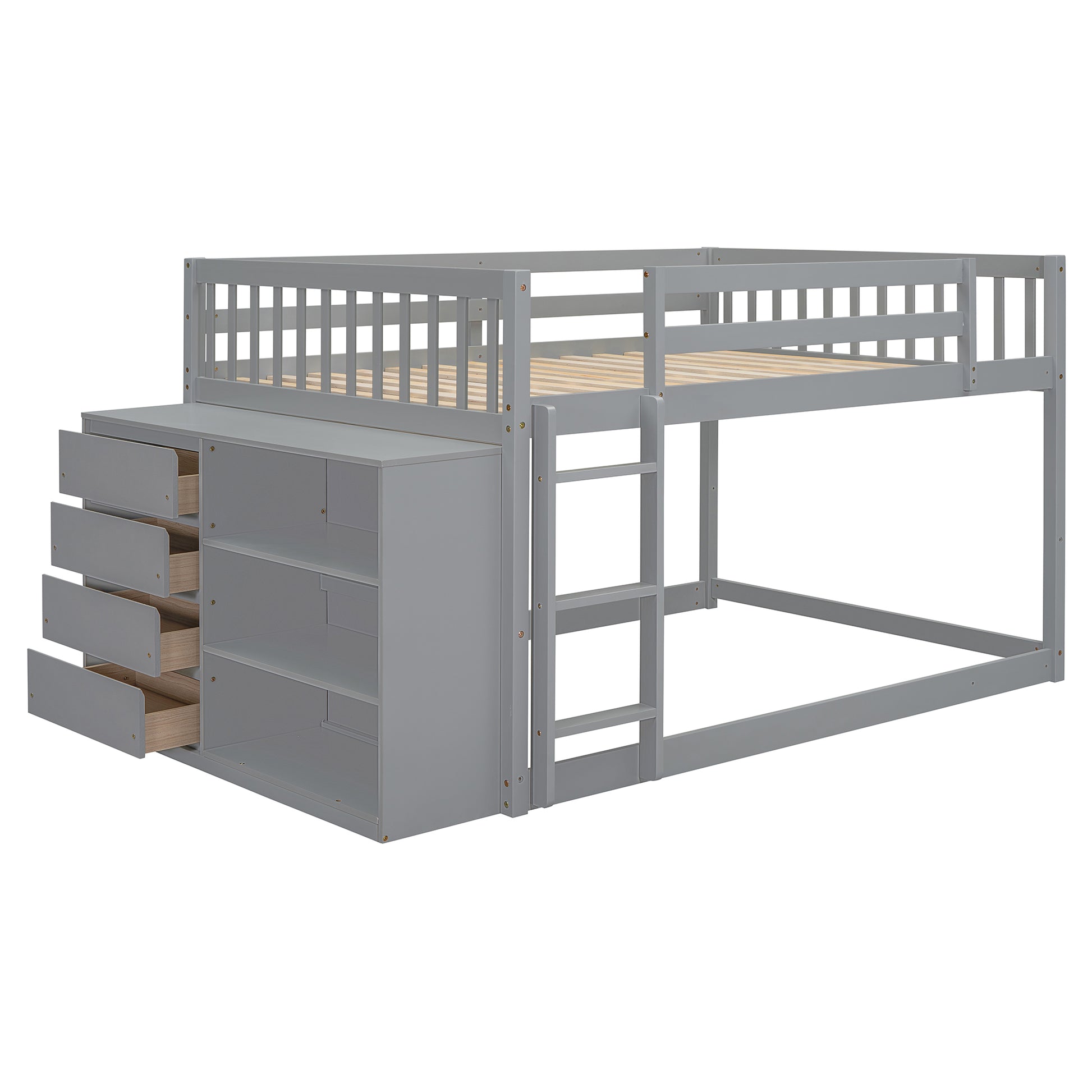 Gray loft bed with drawers and shelving unit for kids room