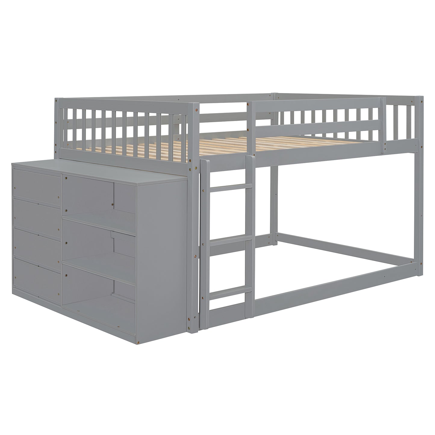 Grey wooden bunk bed with attached dresser and shelving unit