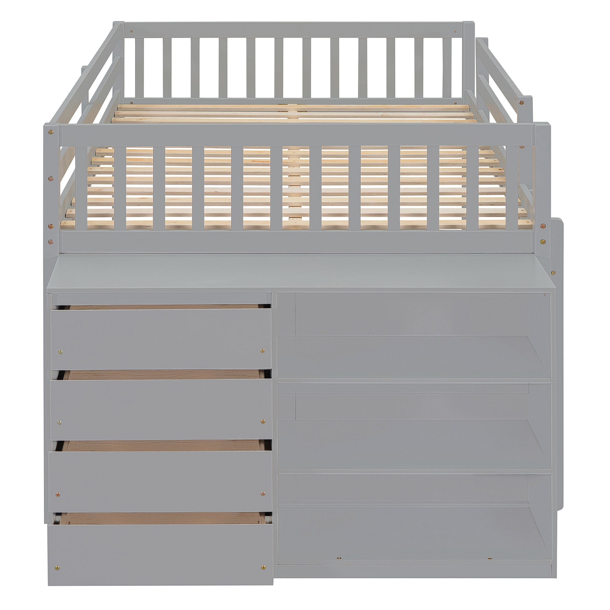 Gray loft bed with open drawers and shelves for toy storage