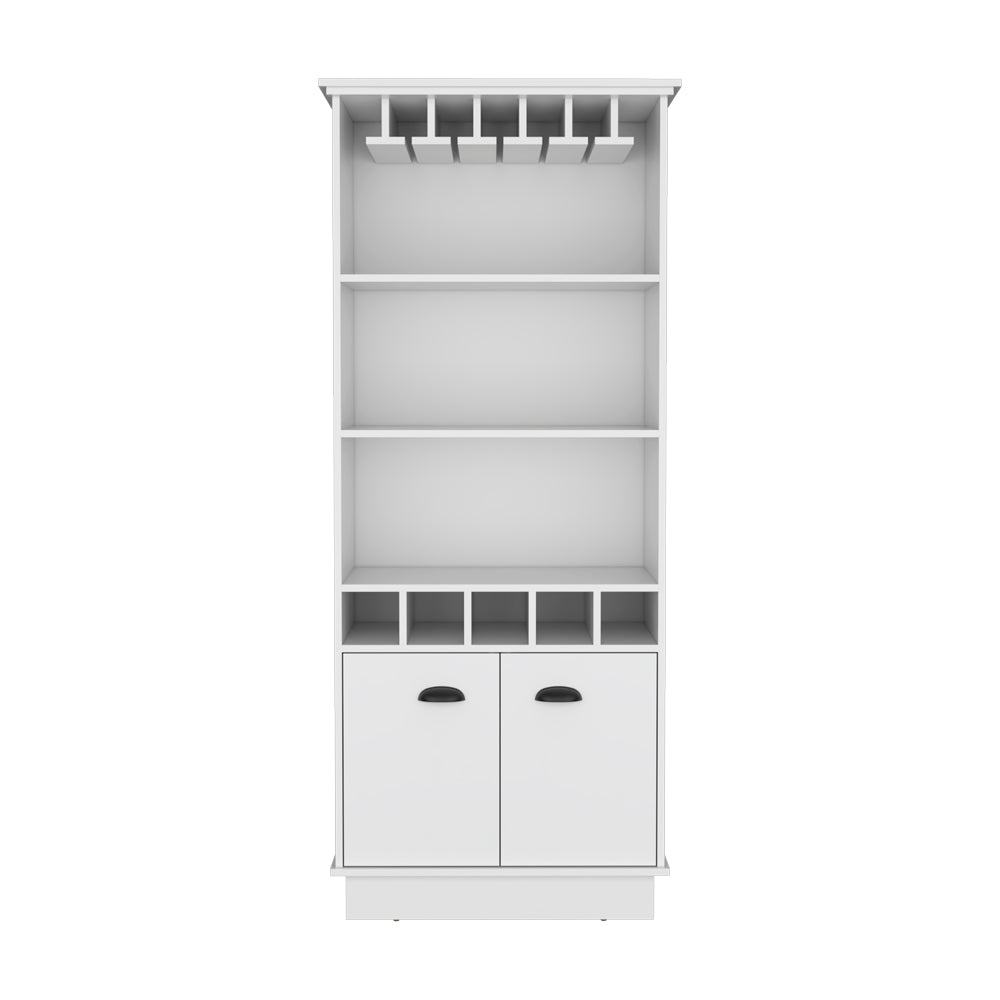 White bar cabinet with stemware rack shelves wine cubbies and dual doors