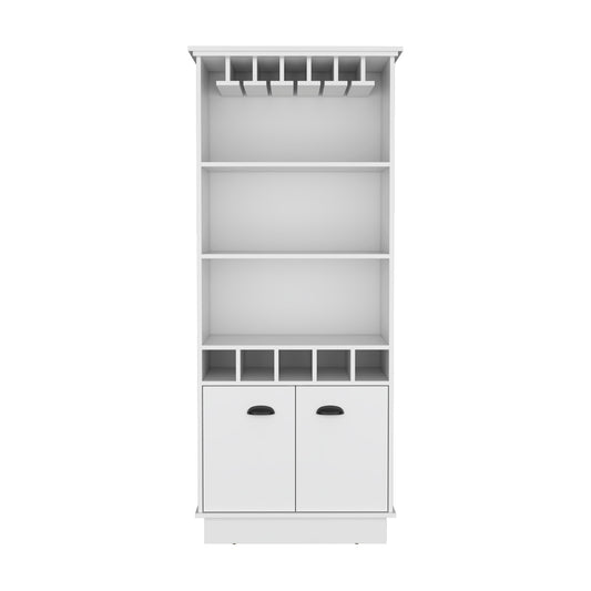 White bar cabinet with stemware rack shelves wine cubbies and dual doors