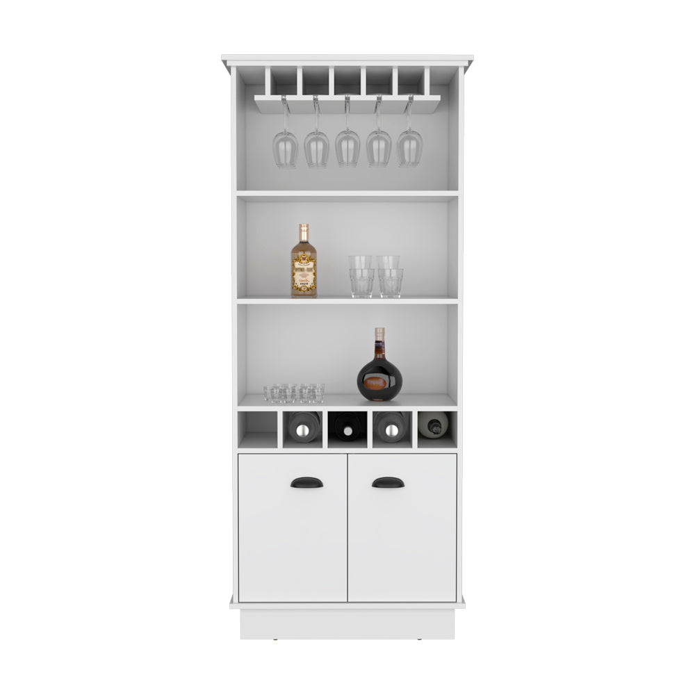 Modern white bar cabinet with wine glass rack shelves and dual doors for home bar storage