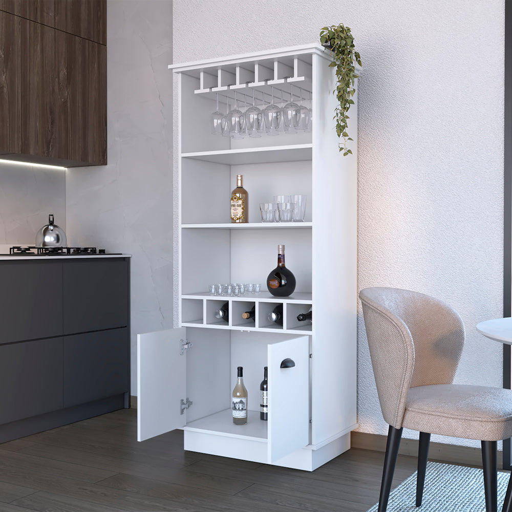 Modern white bar cabinet with hanging glass rack and wine bottle shelves