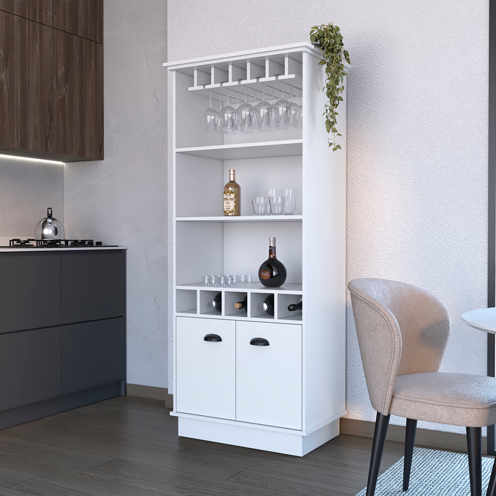 Modern white bar cabinet with glass rack and wine bottle storage