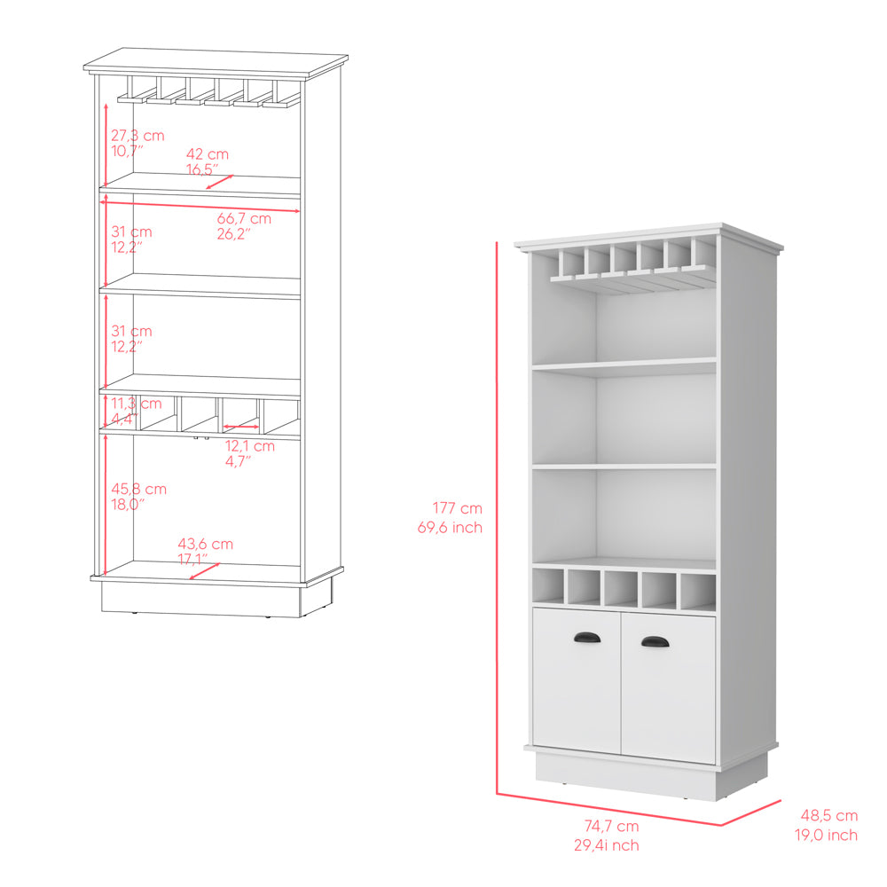 White tall bar cabinet with wine glass rack shelves and dual cabinet doors