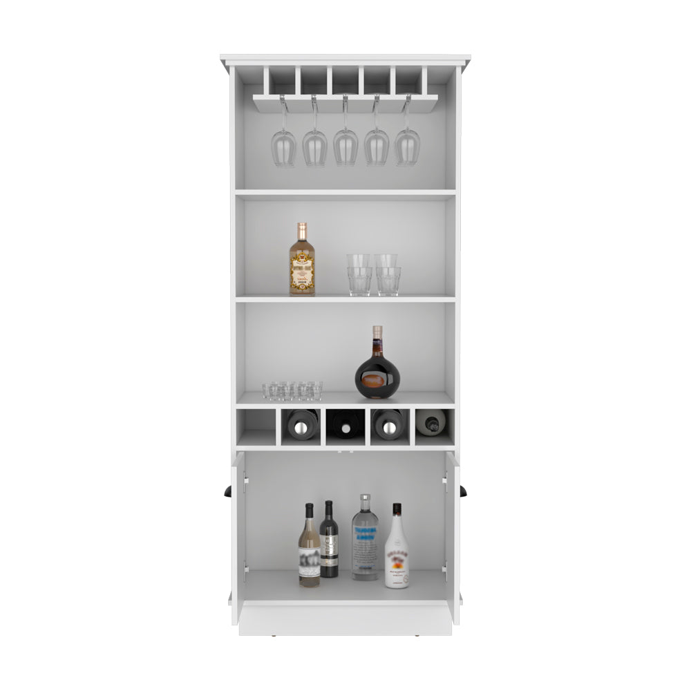 Modern white bar cabinet with wine glass rack shelves and wine bottle storage