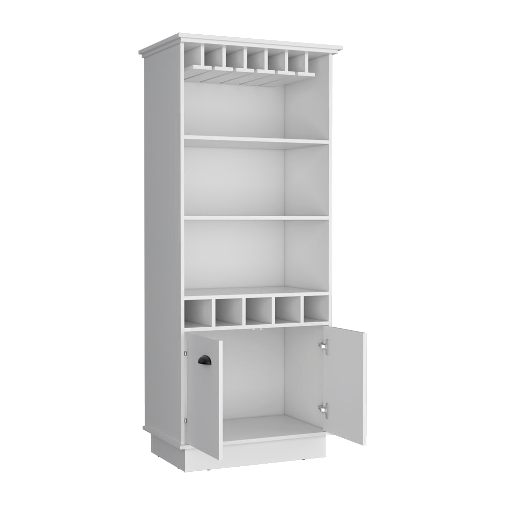 White wooden bar cabinet with shelves and wine glass rack