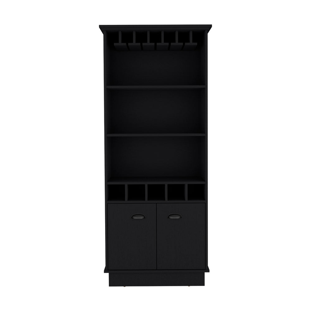 Black wood bar cabinet with wine glass rack open shelves and dual cabinet doors