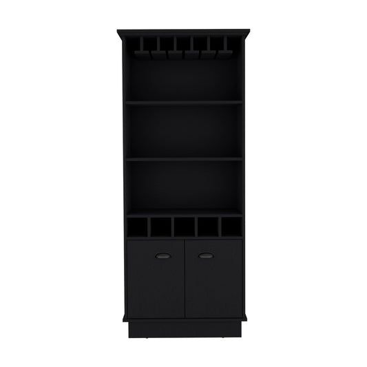 Black wood bar cabinet with wine glass rack open shelves and dual cabinet doors