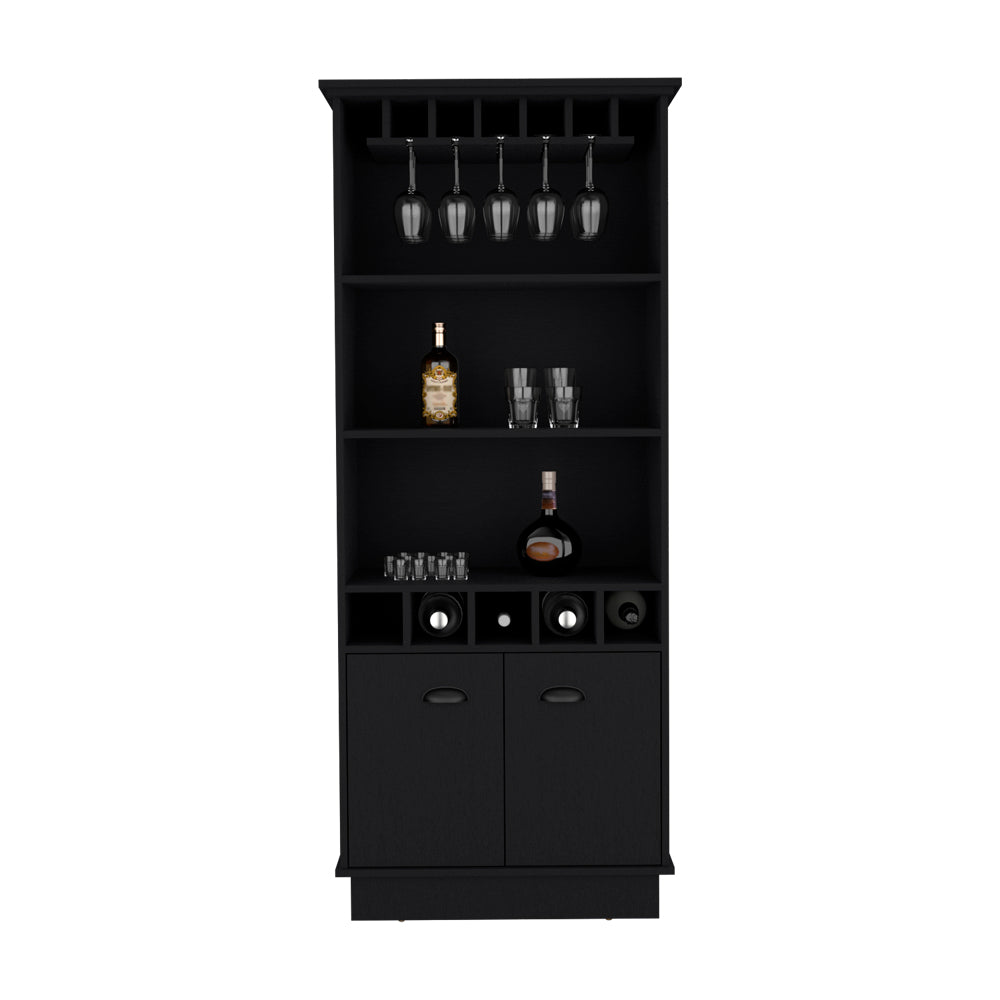 Black modern bar cabinet with glass rack and wine storage shelves