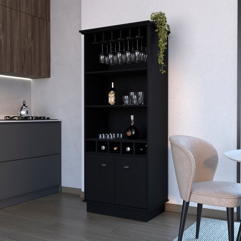 Black wood bar cabinet with wine rack and hanging glass storage