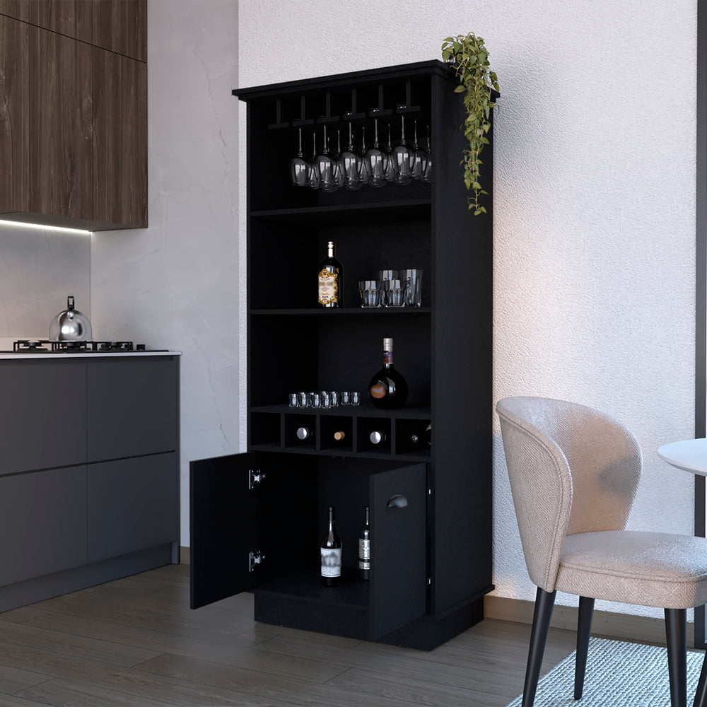 Black modern bar cabinet with glass racks and wine cubbies