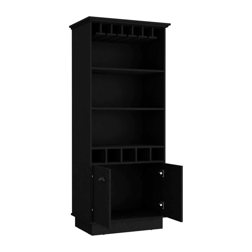 Black wooden bar cabinet with wine glass rack and bottle cubbies