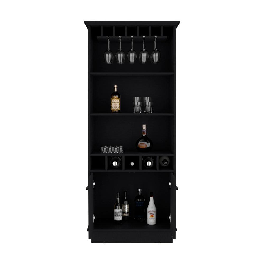 Black wine cabinet with glass holders and multiple shelves