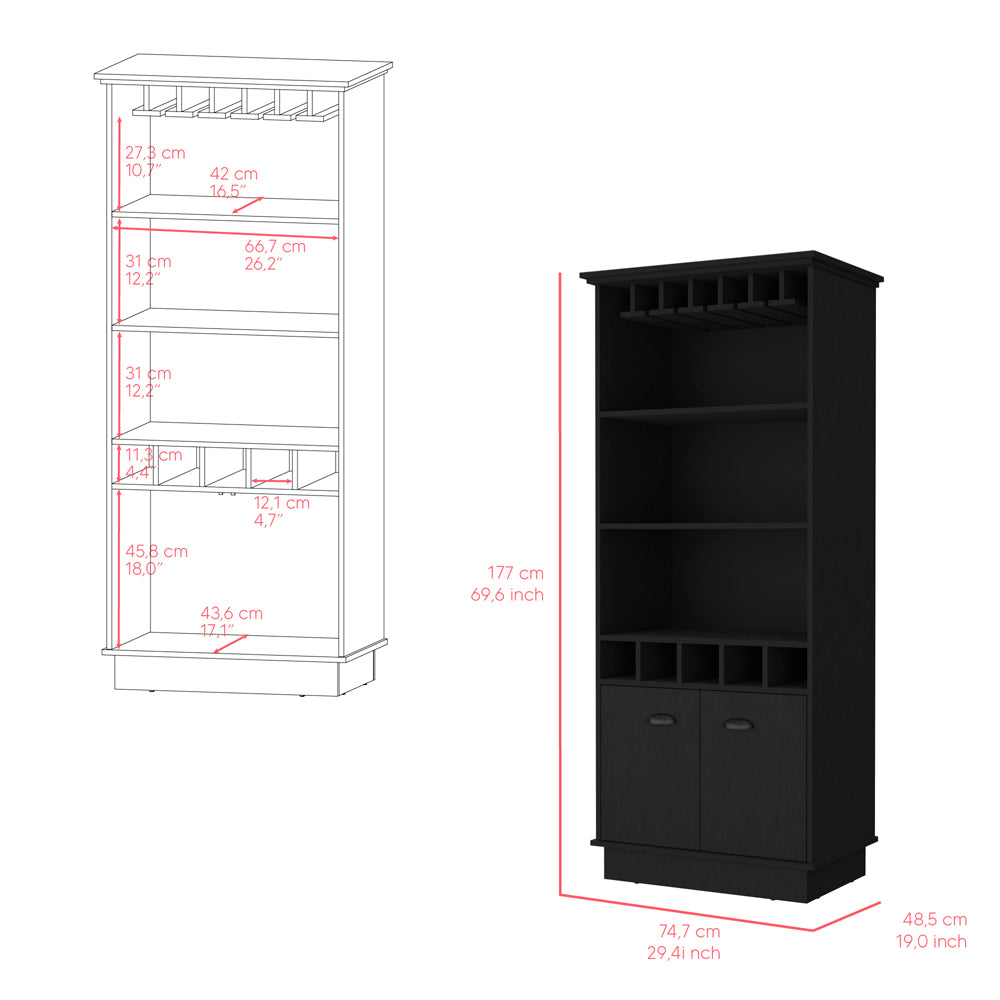 Tall black bar cabinet with wine glass rack open shelves and two cabinet doors