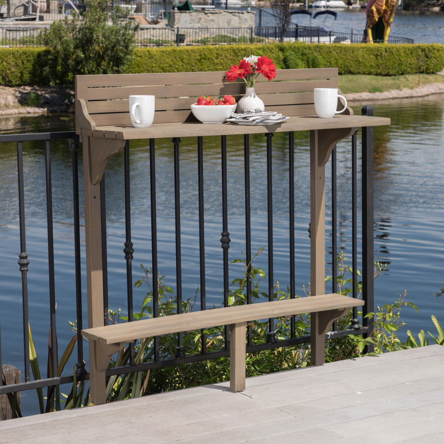 Brown acacia wood balcony bar with attached bench ideal for outdoor dining