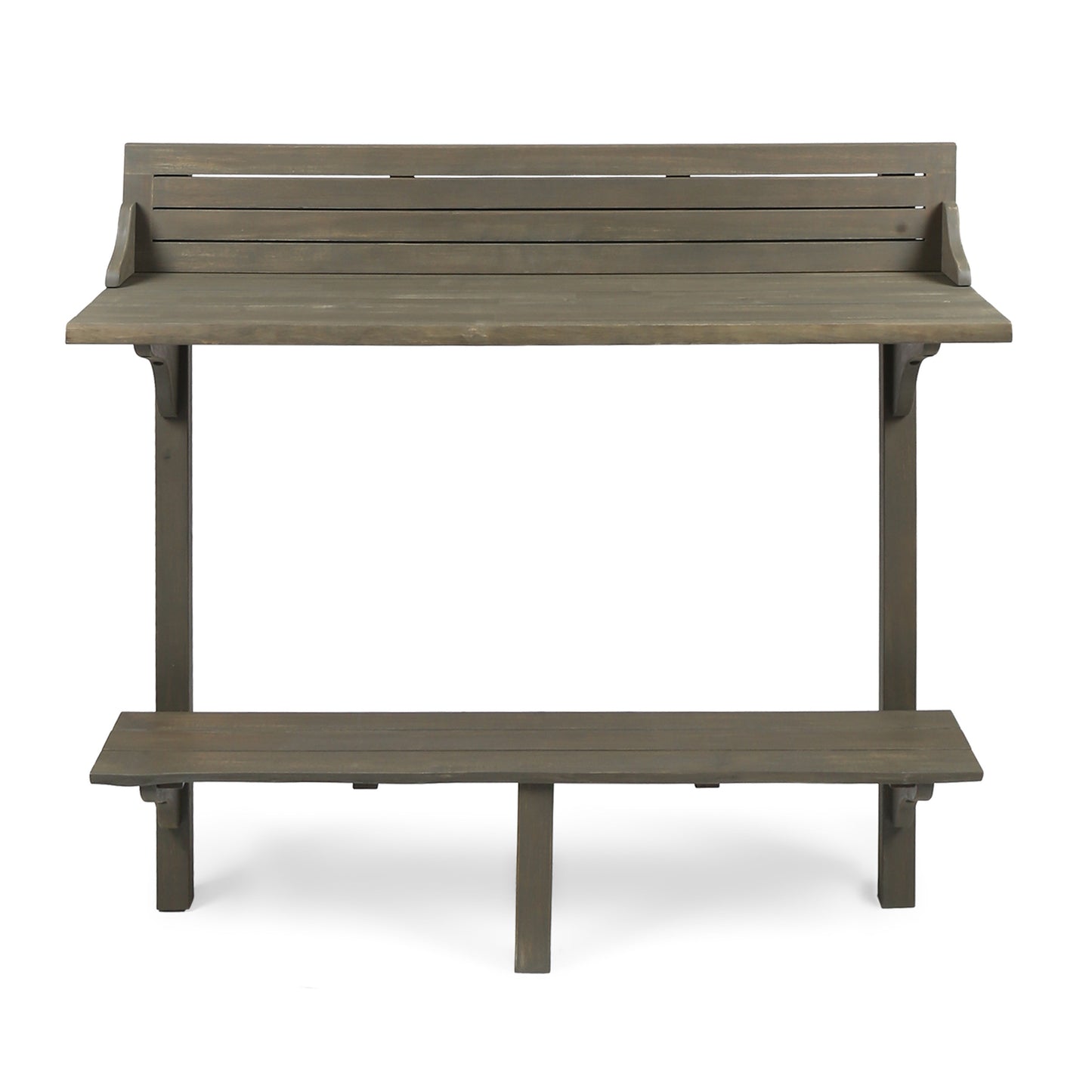 Grey slatted wood balcony table and bench set for outdoor use