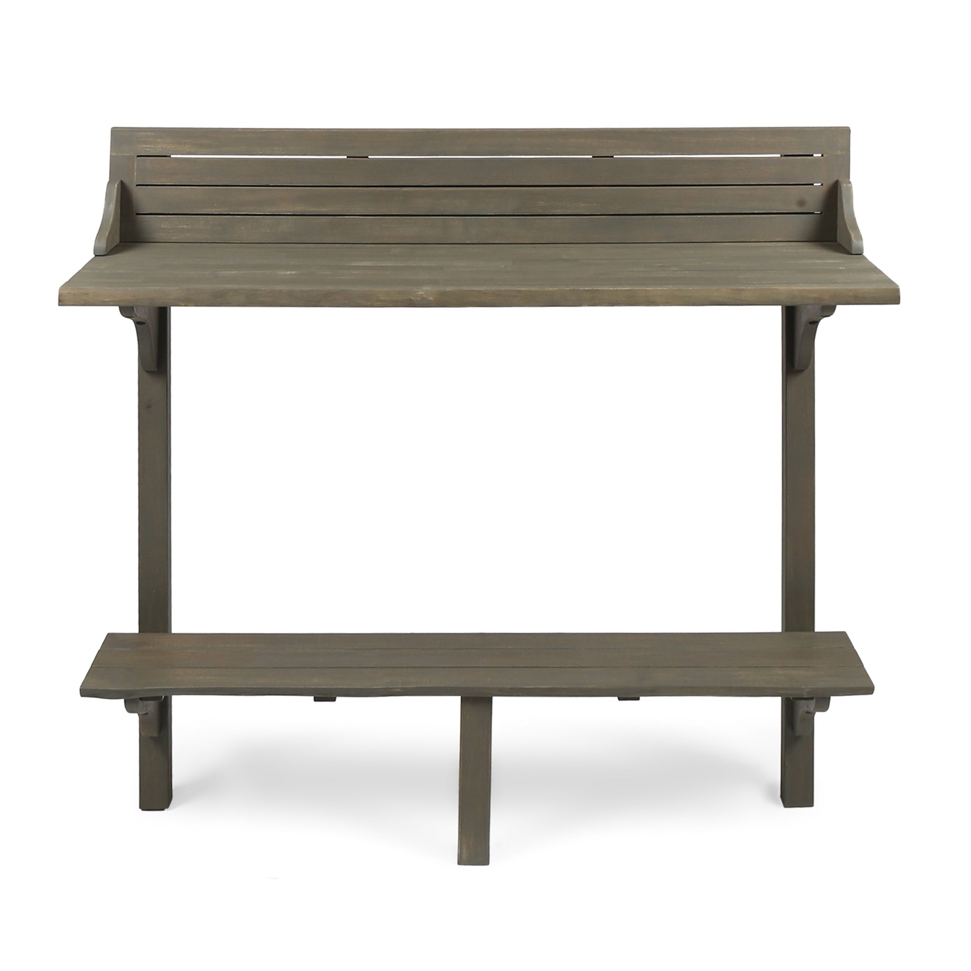 Grey slatted wood balcony table and bench set for outdoor use