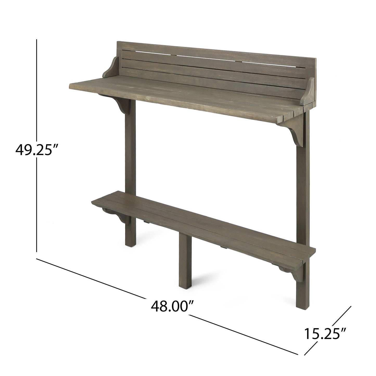 Gray wooden bar table with integrated bench perfect for outdoor dining