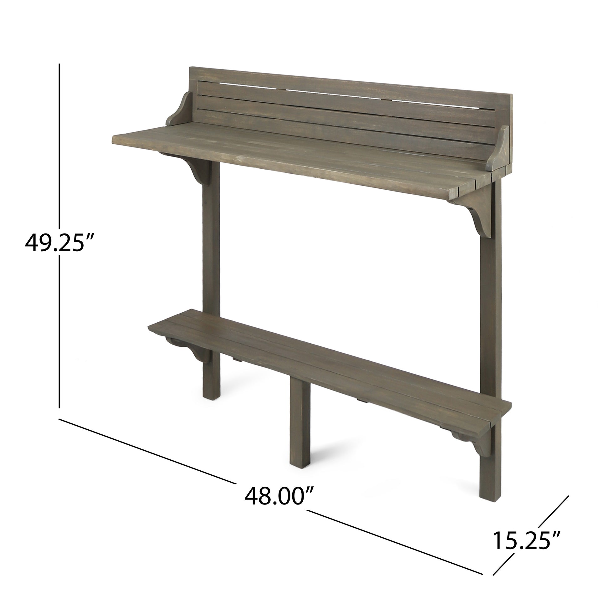 Gray wooden bar table with integrated bench perfect for outdoor dining