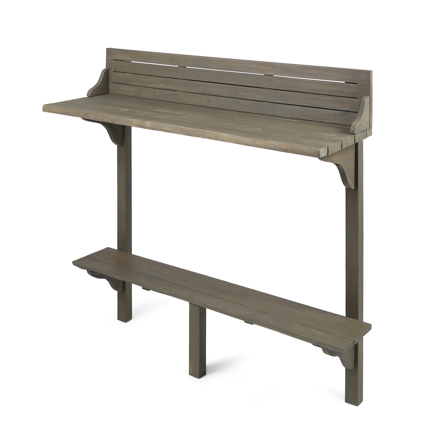 Gray wooden outdoor bar table with attached bench and slatted design