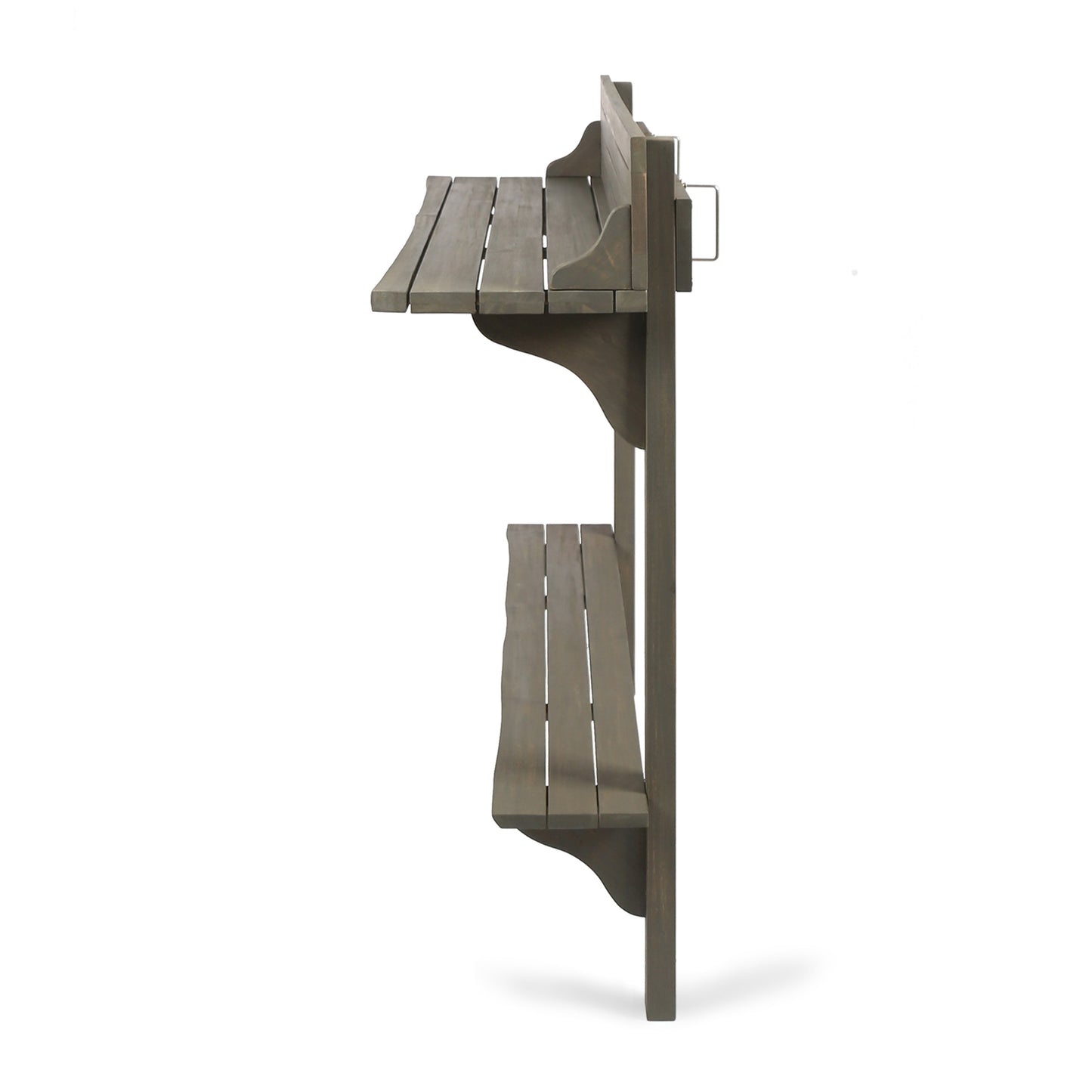 Gray distressed wood hanging shelf with two tiers and a metal hook for outdoor use