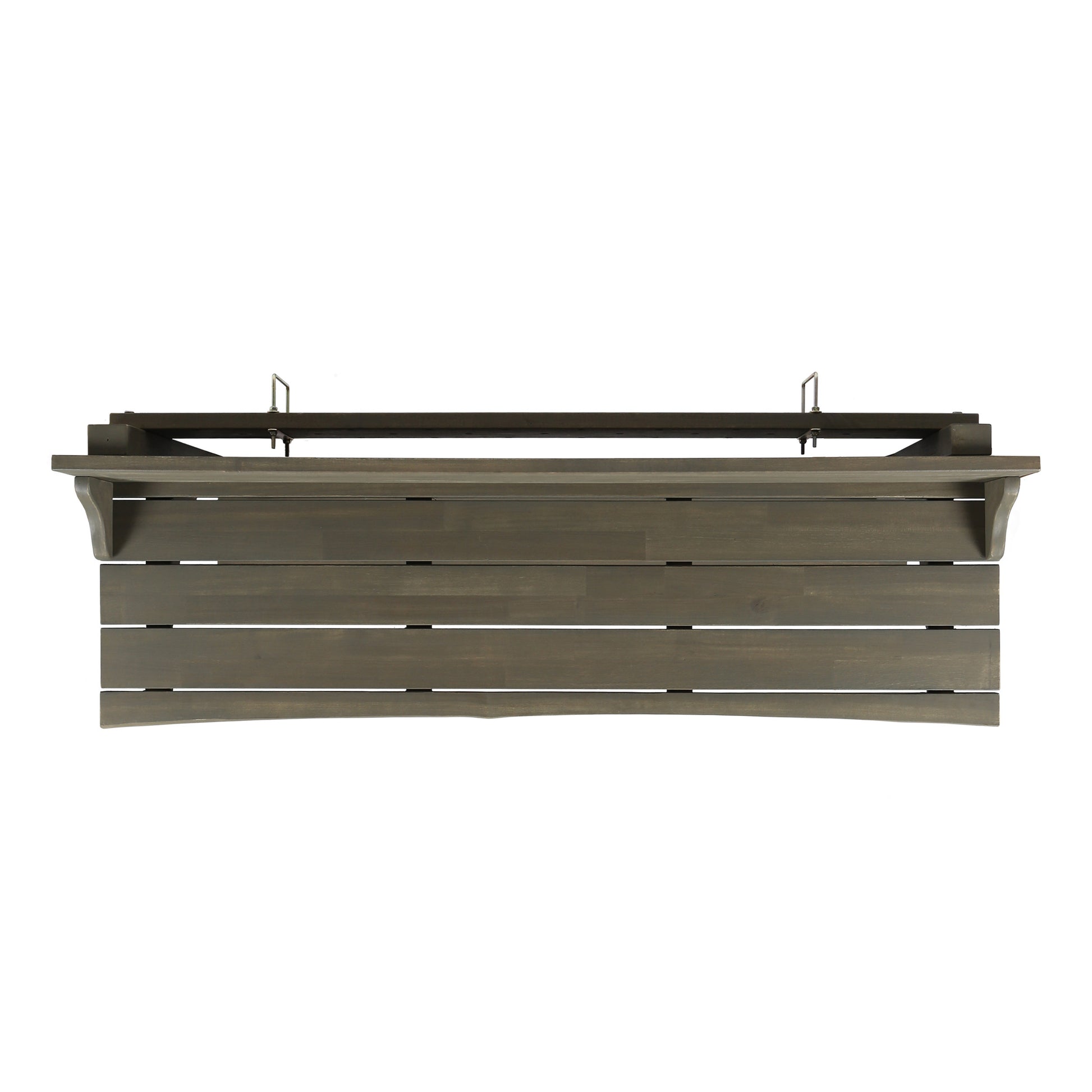 Distressed grey wood plank shelf with decorative curved front and metal hanging brackets