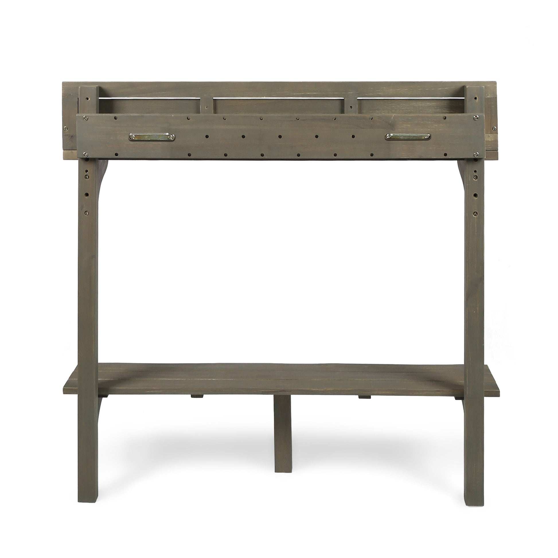 Rustic gray wooden potting bench with two tiers and a planter box for gardening