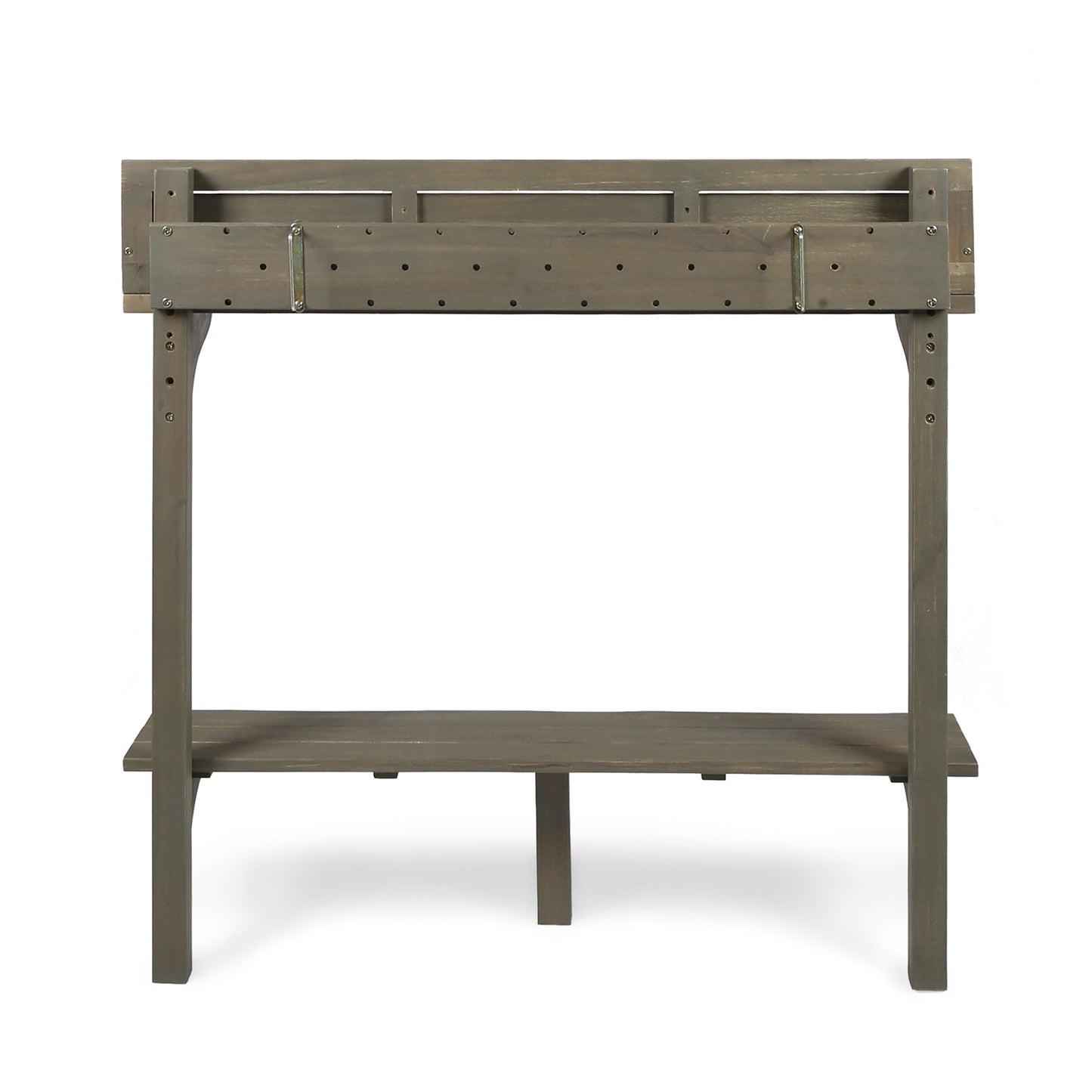 Gray wooden potting bench with tiered shelves and attached planter box