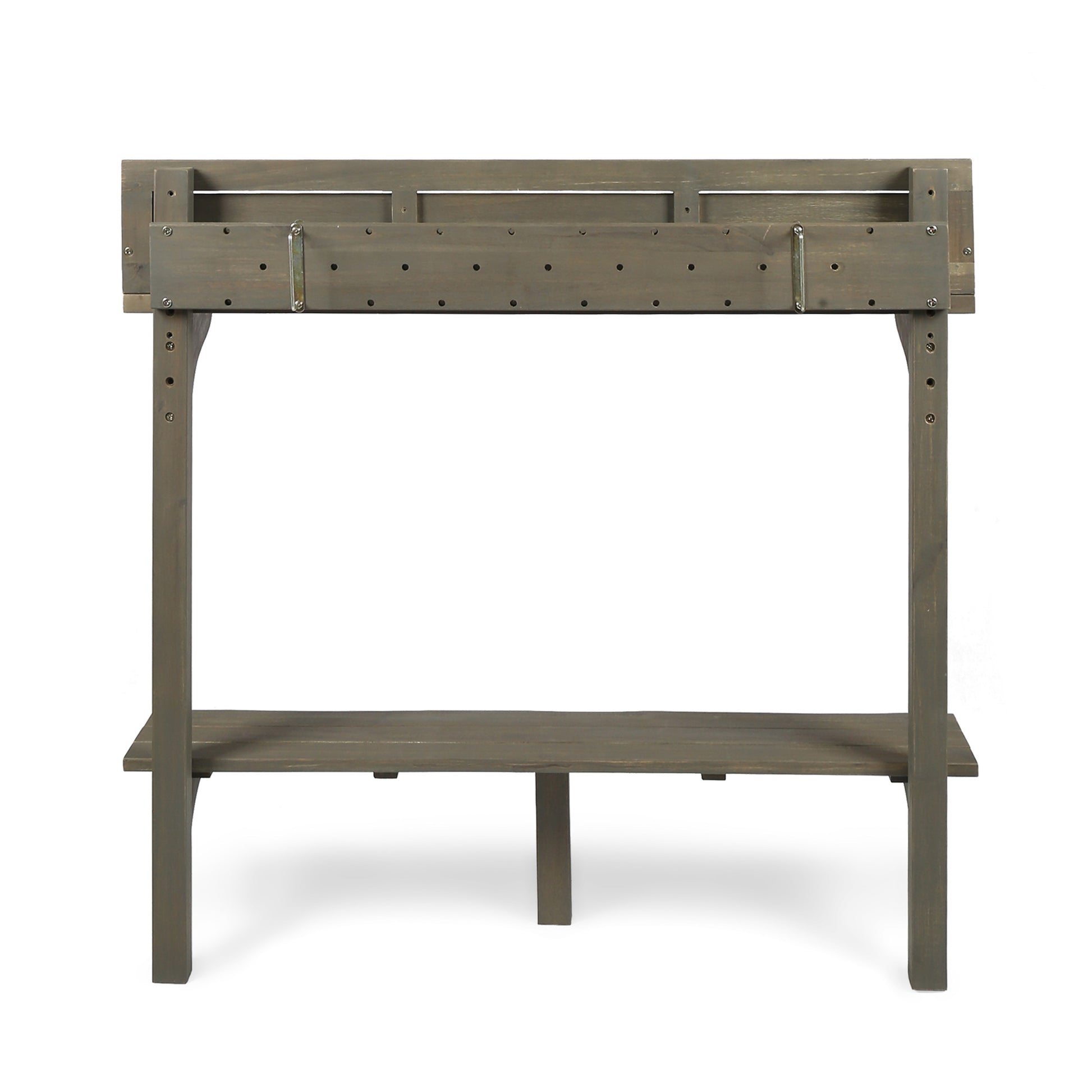 Gray wooden potting bench with tiered shelves and attached planter box
