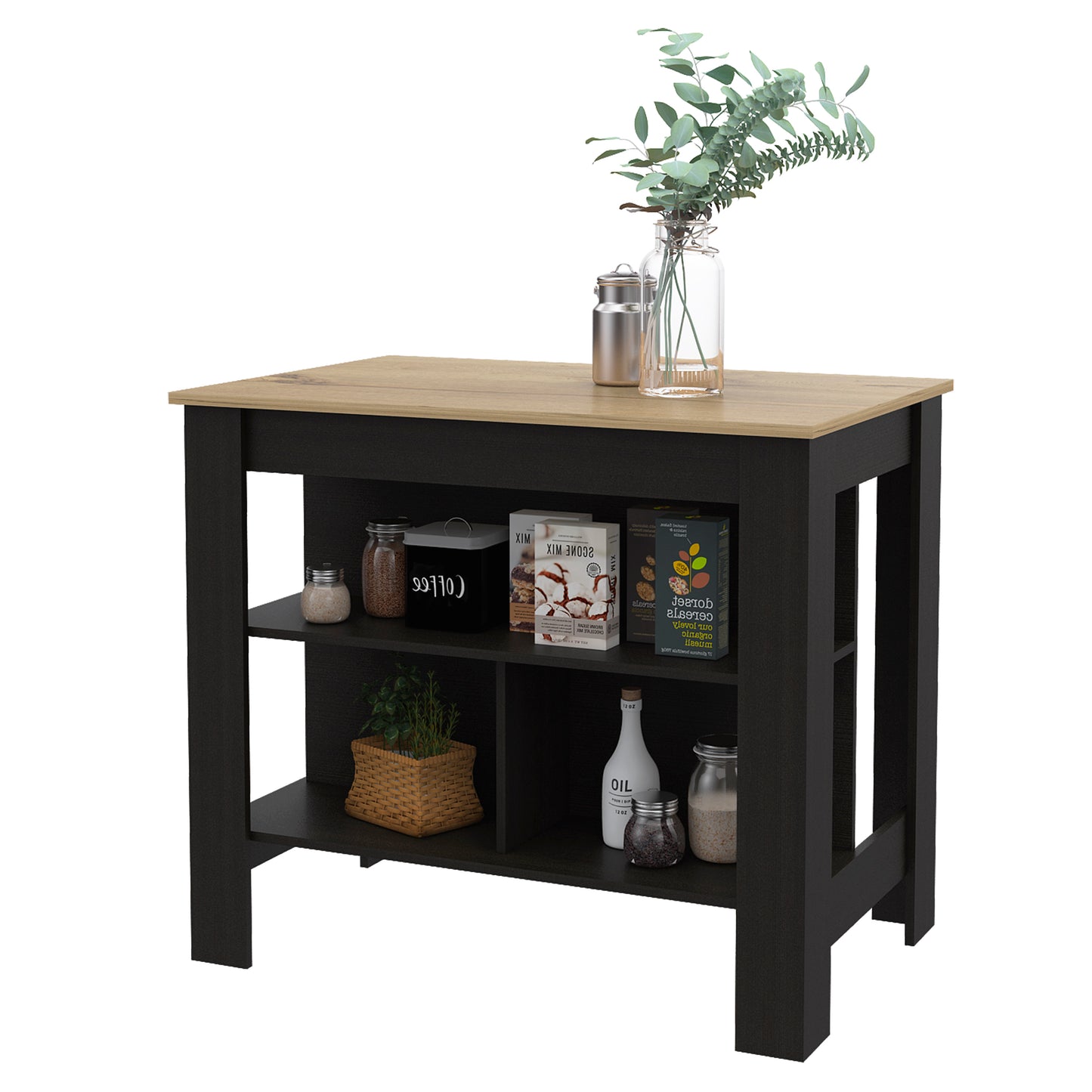 Black and wood kitchen island with shelves for storage