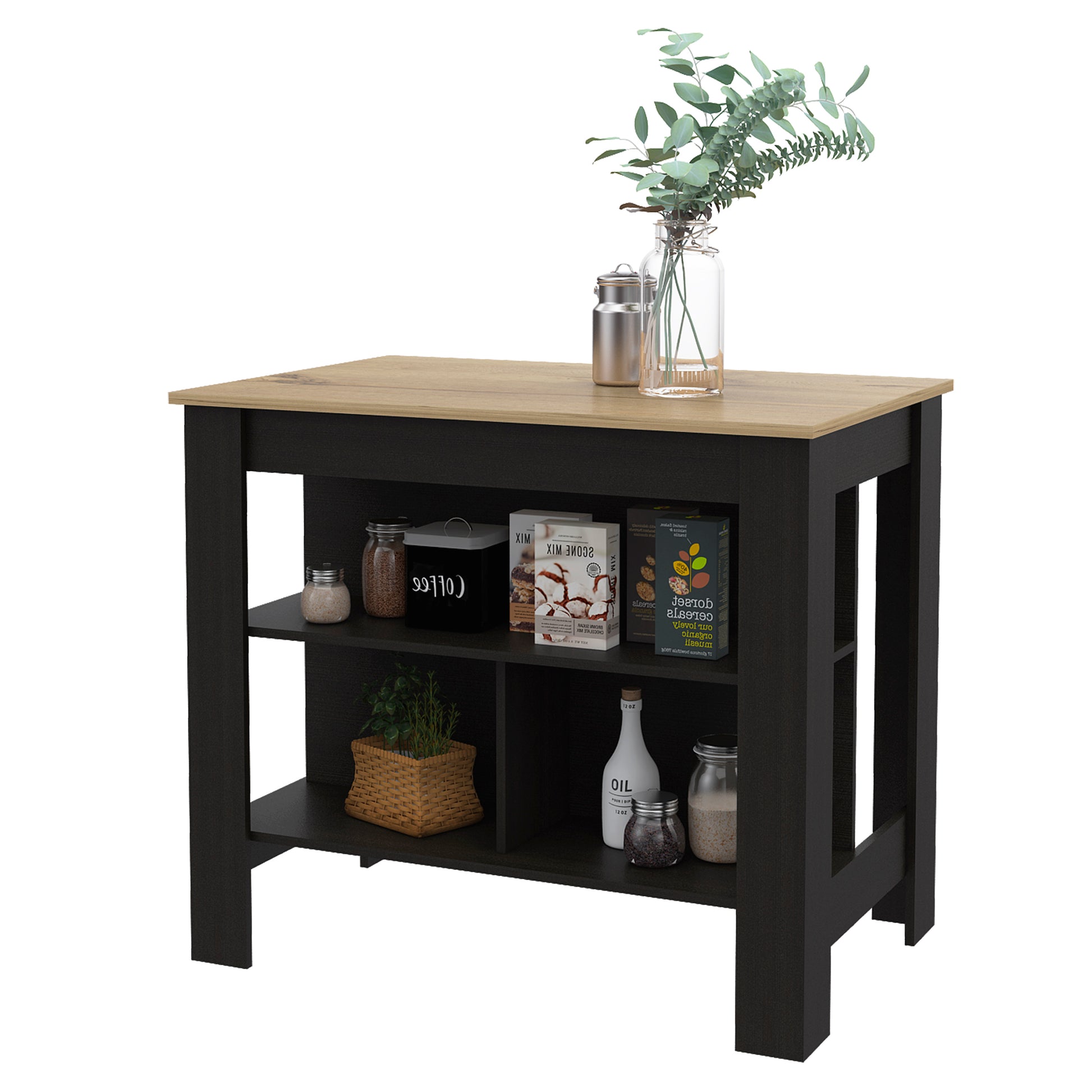 Black and wood kitchen island with shelves for storage