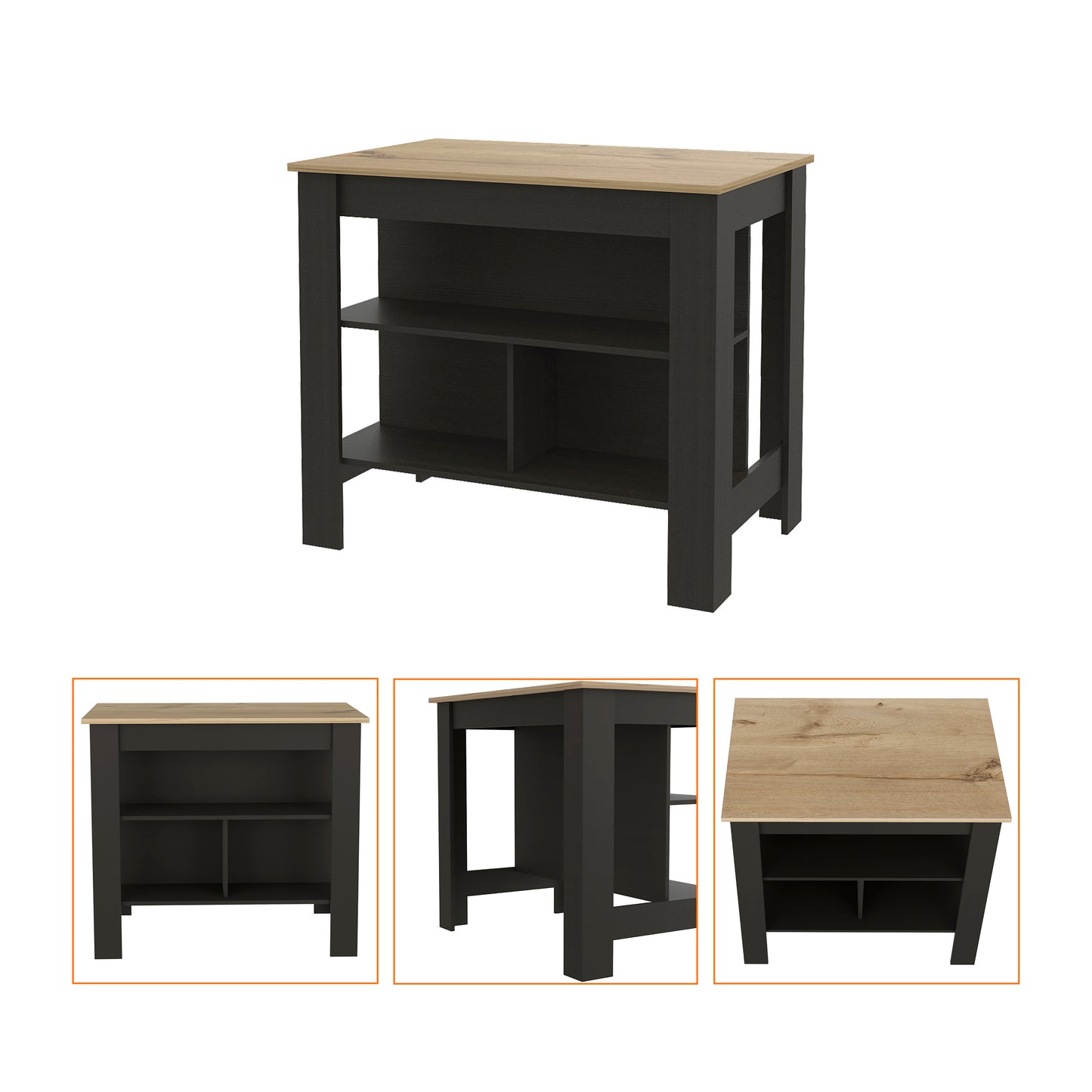 Dark grey and light wood kitchen island with two open shelves