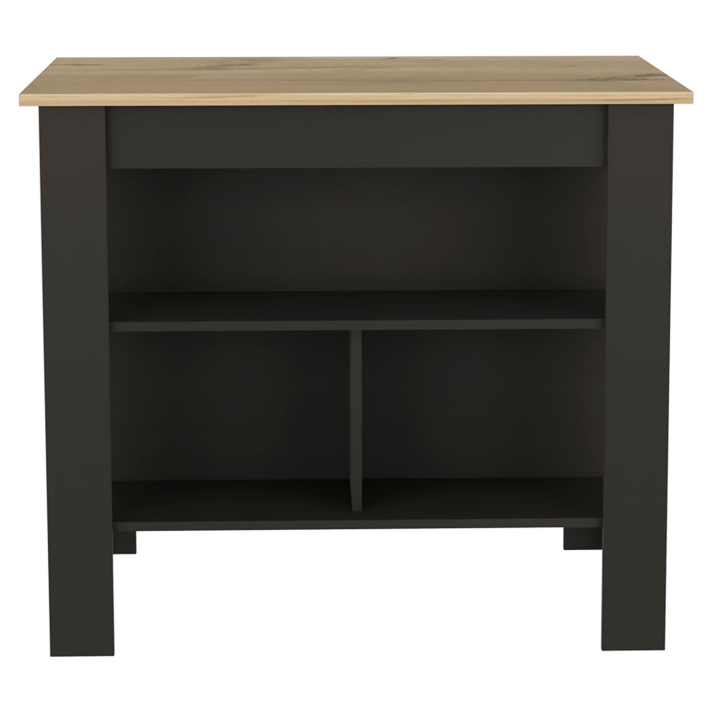 Dark grey open shelving unit with oak effect top
