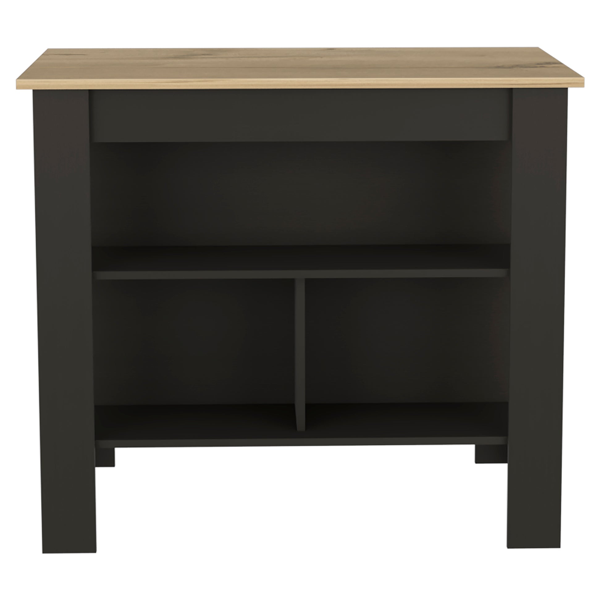 Dark grey open shelving unit with oak effect top