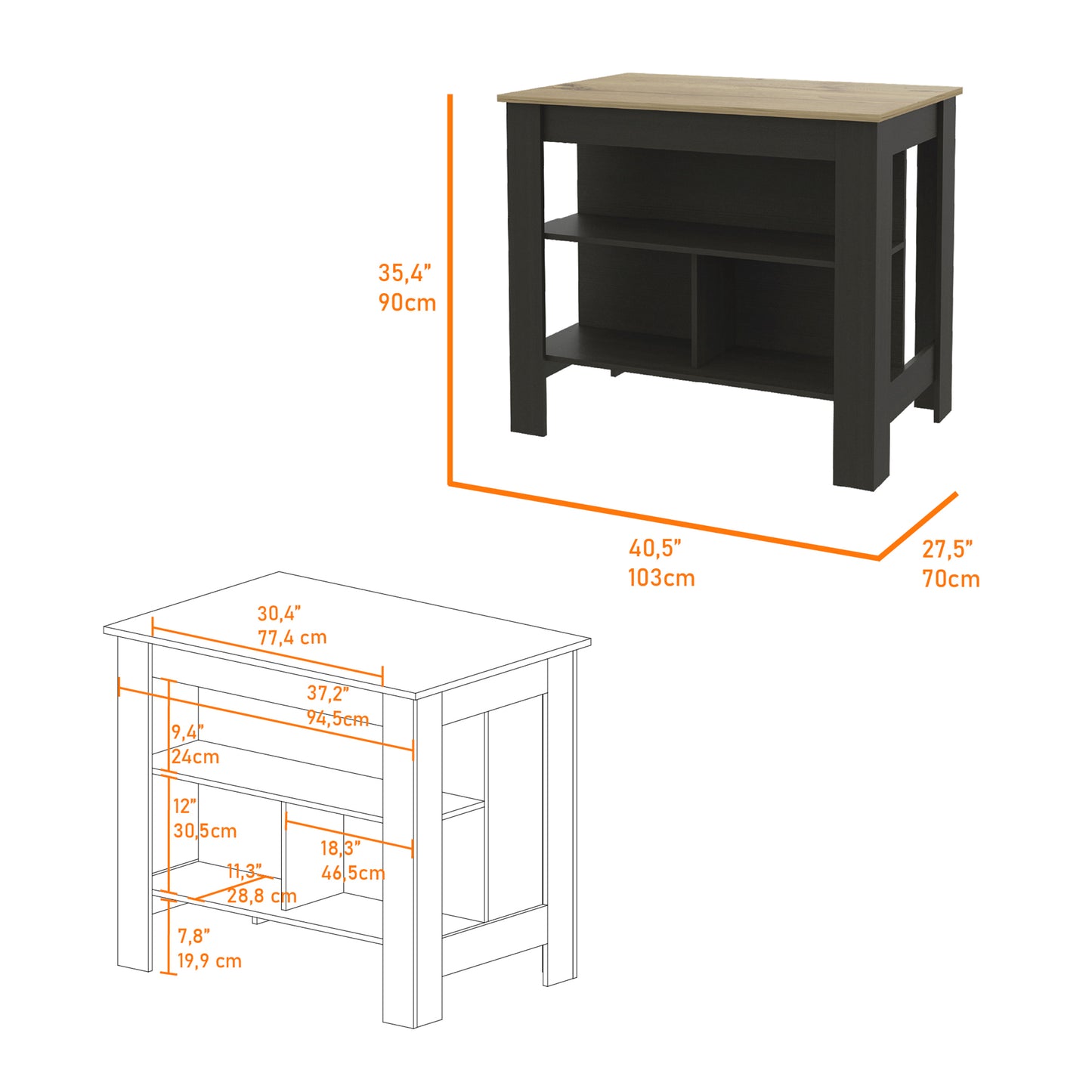 Dark grey kitchen island with oakeffect top and two open shelves