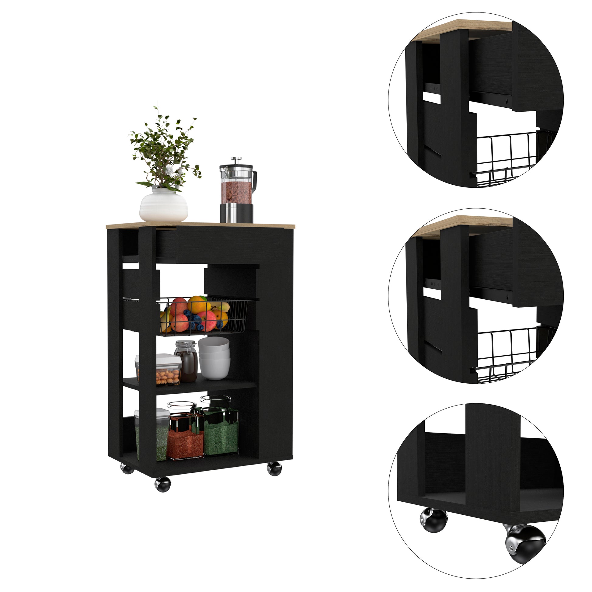 Black kitchen cart with butcher block top and storage baskets