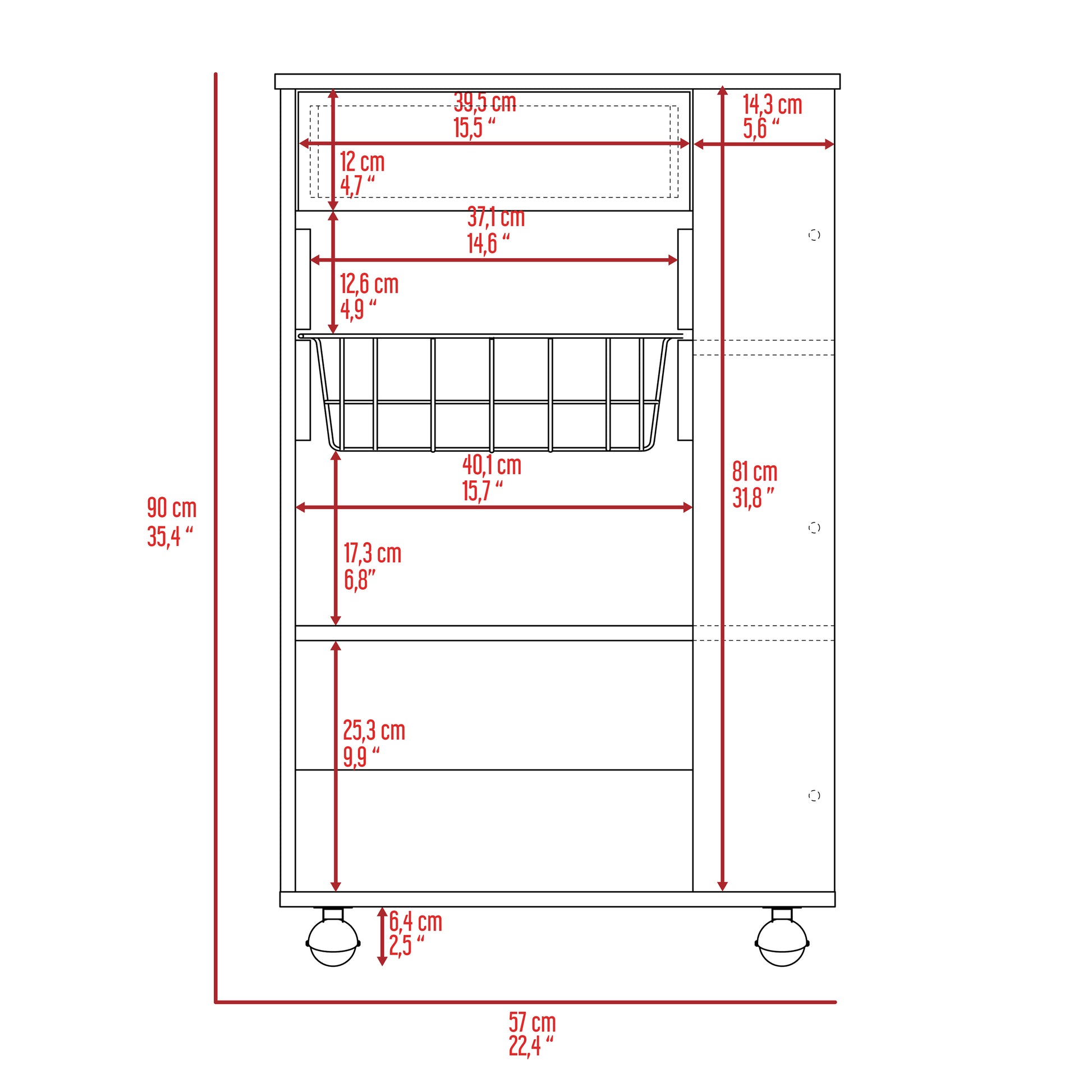 Technical drawing of a rolling cart with dimensions for shelves and basket