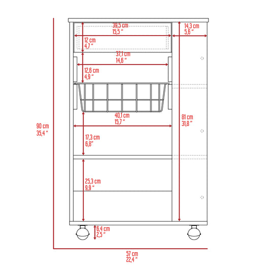 Technical drawing of a rolling cart with dimensions for shelves and basket