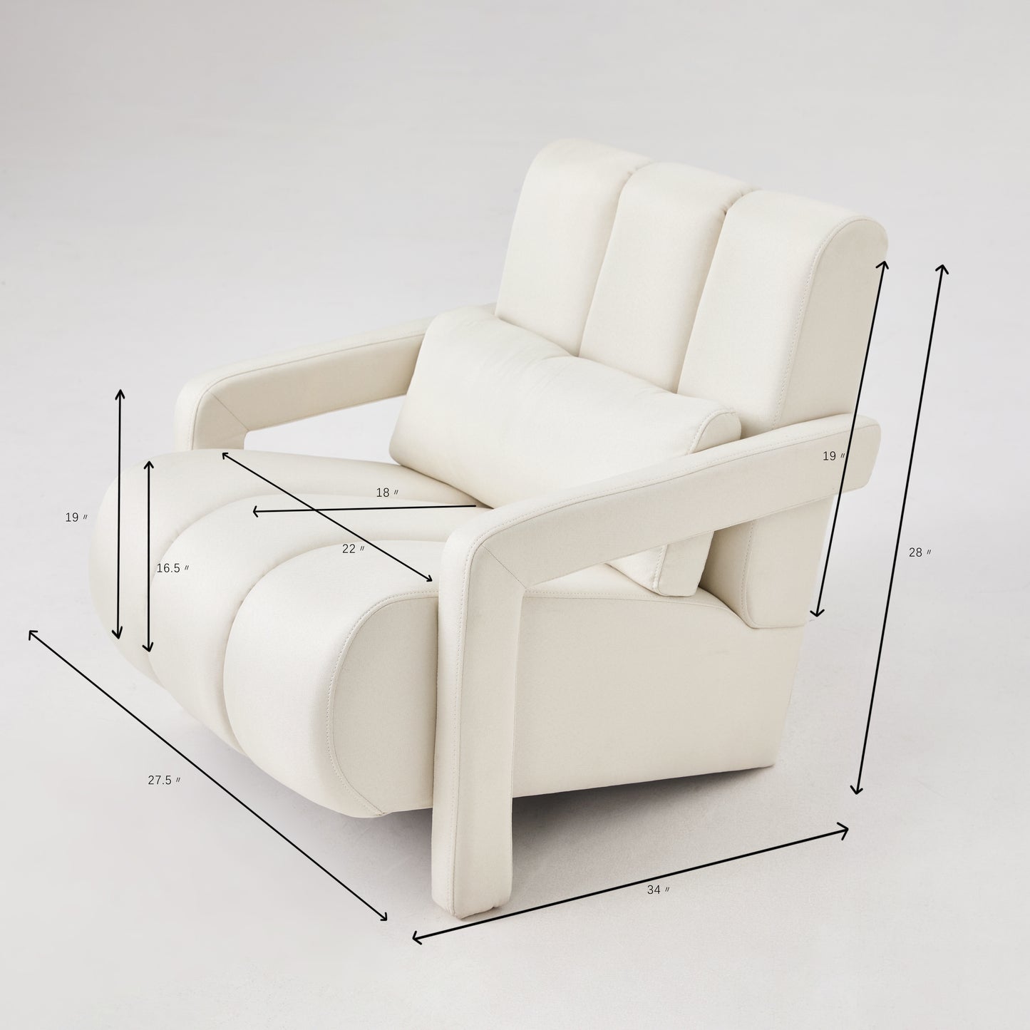 Cream fabric accent chair with padded seat and back featuring a lumbar pillow