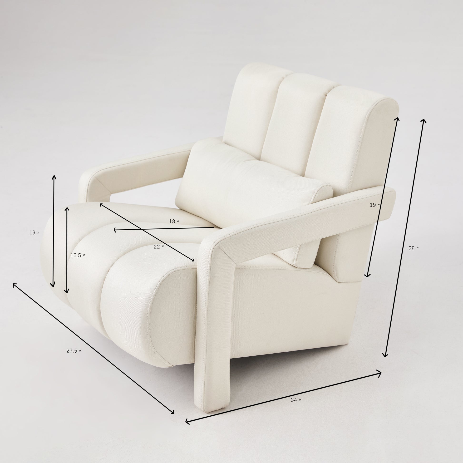Cream fabric accent chair with padded seat and back featuring a lumbar pillow
