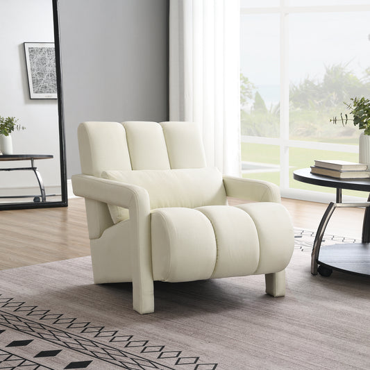 Plush cream upholstered accent chair with deep cushions and a supportive lumbar pillow perfect for a cozy reading nook
