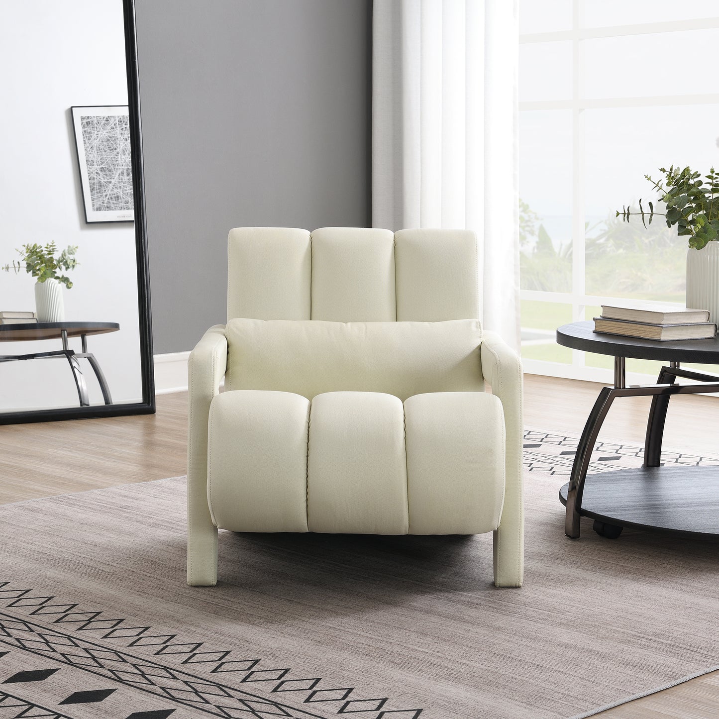 Cream upholstered armchair with padded cushions and a lumbar pillow