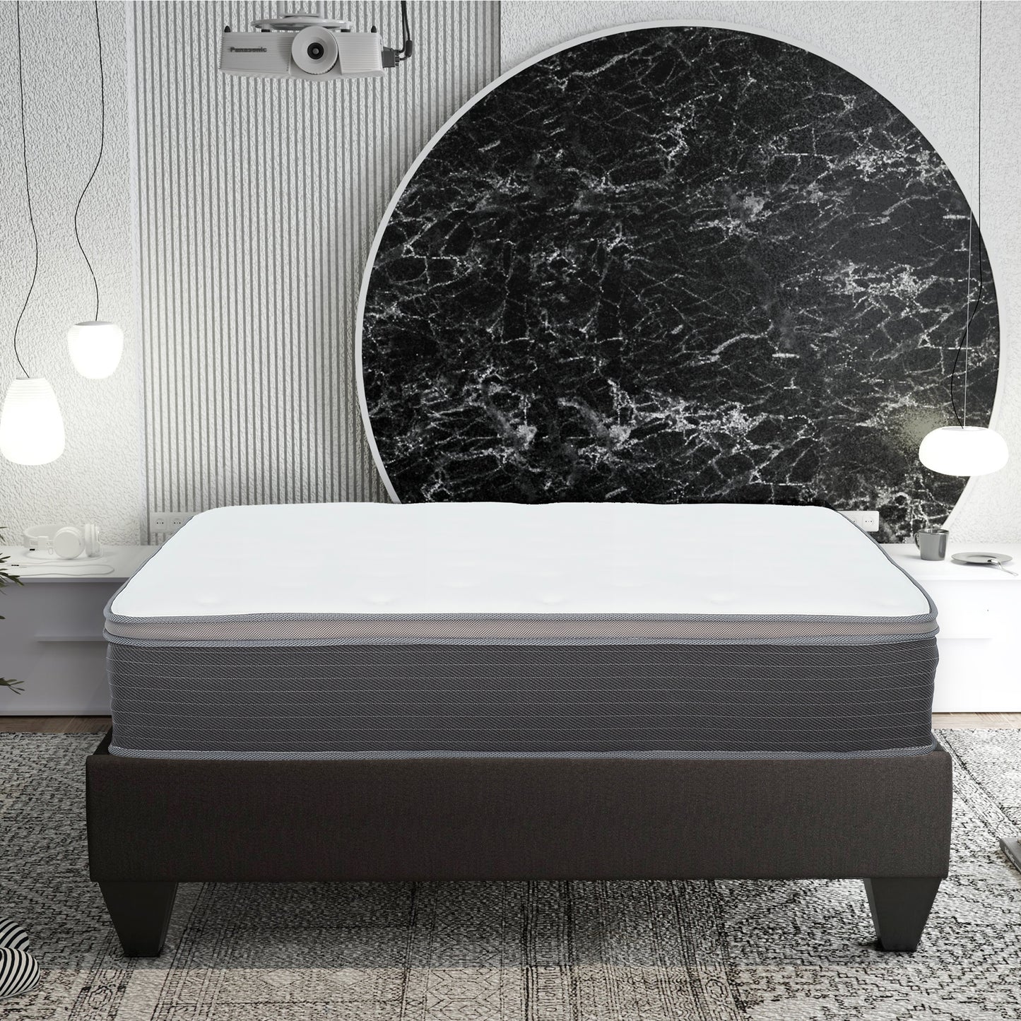 Luxury white and grey upholstered hybrid mattress on dark brown bed frame