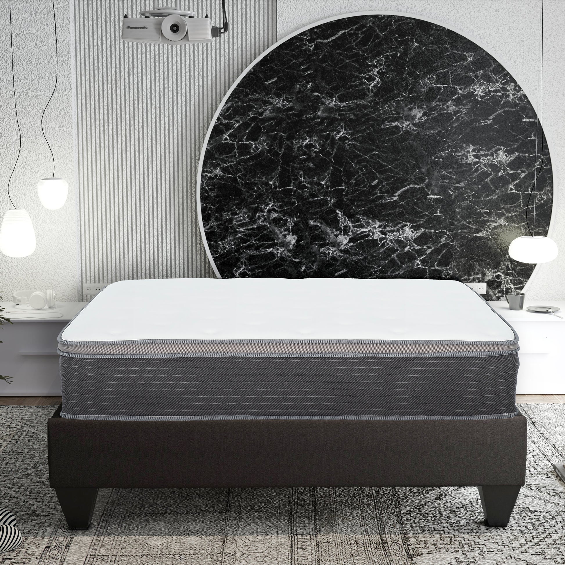 Luxury white and grey upholstered hybrid mattress on dark brown bed frame