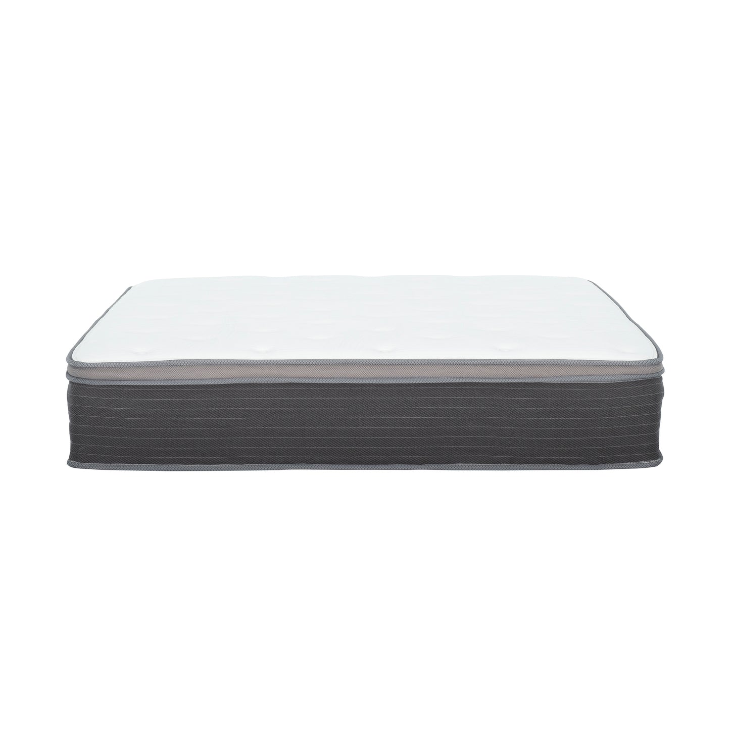 Queen size mattress with quilted white top and charcoal gray striped sides