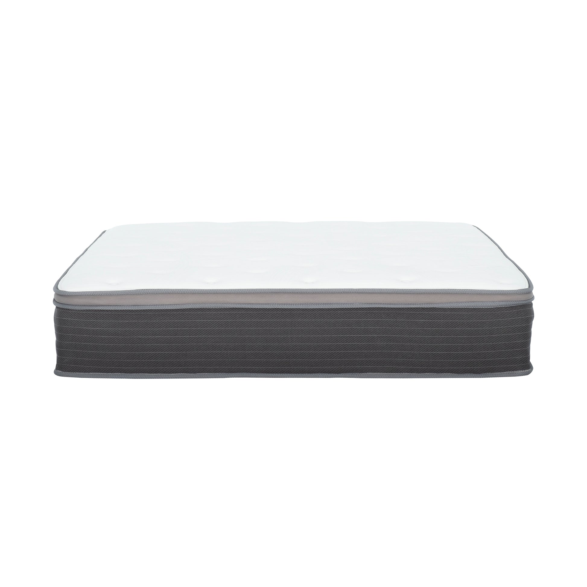 Queen size mattress with quilted white top and charcoal gray striped sides