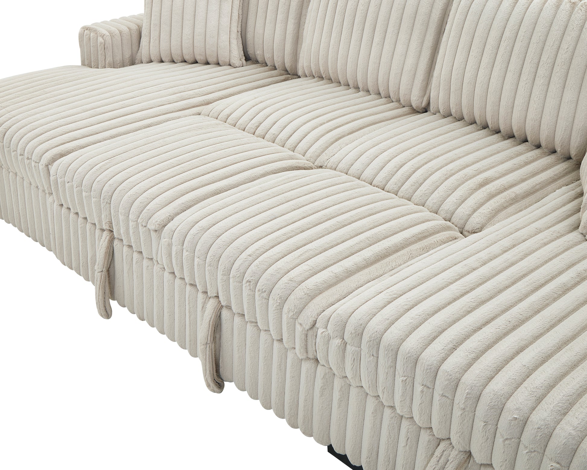 Closeup of a plush creamcolored corduroy sectional sofas texture