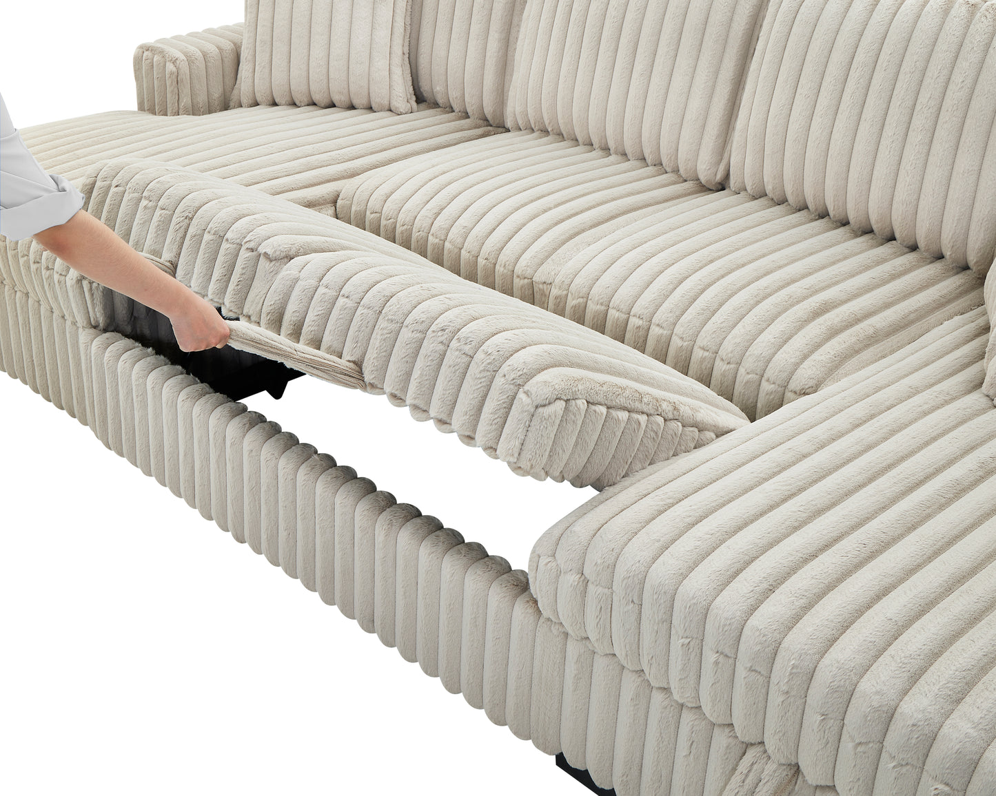 Beige corduroy sectional sofa with plush fabric showing pullout bed feature
